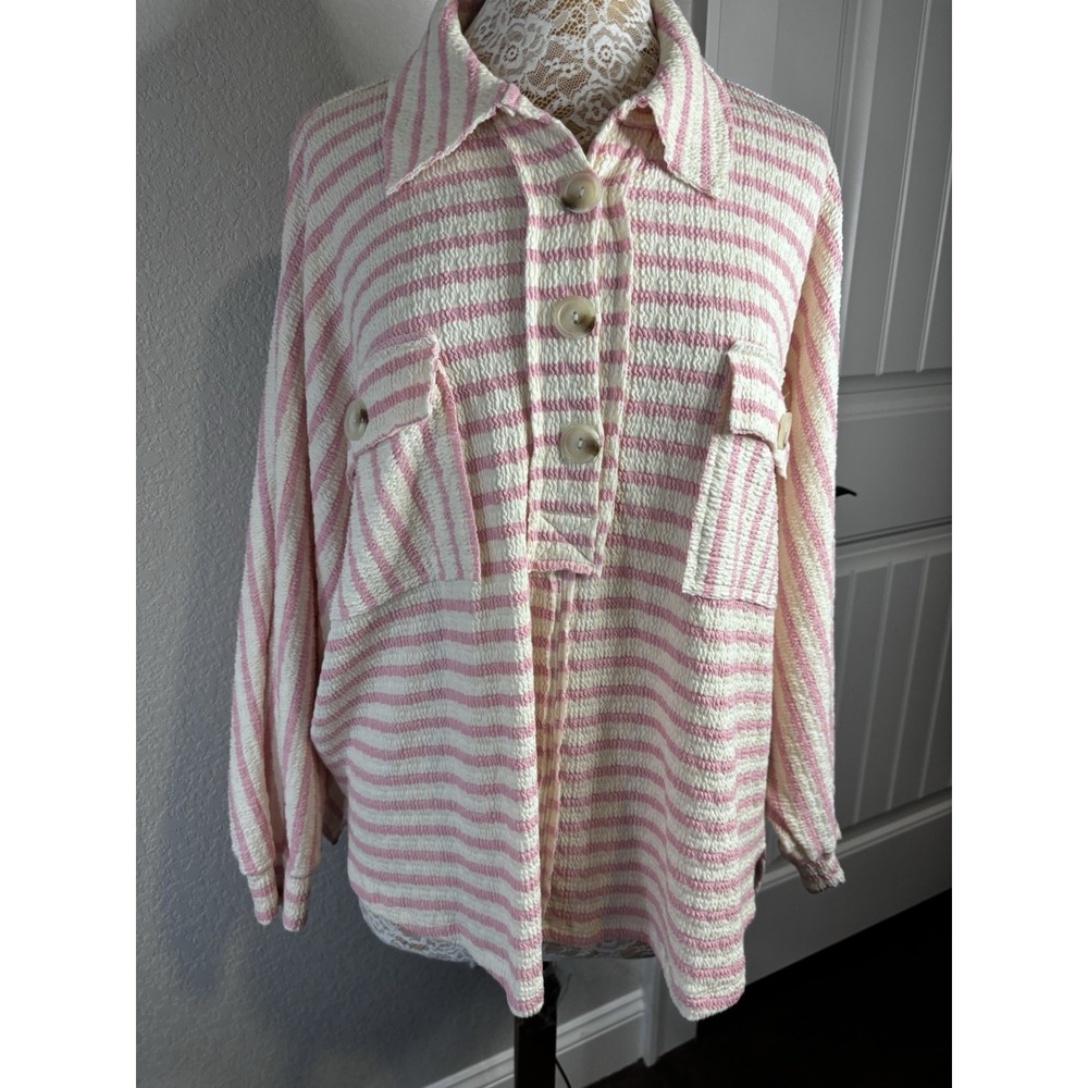 Bucket List Pink White Striped Henley Pullover Cuffed Dolman Sleeves S NWOT
